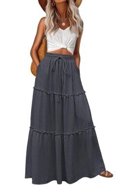 Women's Boho High Waisted A-Grey Maxi Skirts Tiered Floral Long Skirts